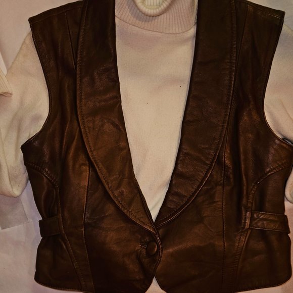 MNG Mango Distressed Leather Vest Medium Collared Single Button Multi Tone Tan - Picture 6 of 6